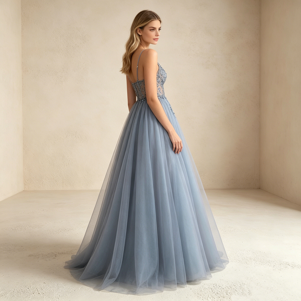 A-Linie Abendkleid mit Beinschlitz Elegantes Prinzessin Ballkleid Tüll Maxikleid - Staubblau