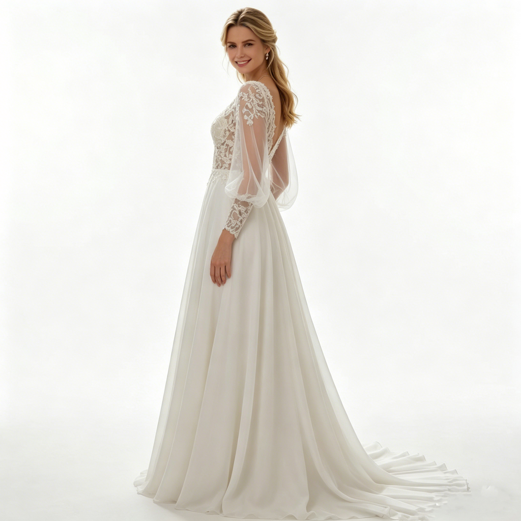 Elegantes weißes Maxikleid mit floraler Spitze und langen Puffärmeln, exklusives Abendkleid mit V-Ausschnitt und Schleppe