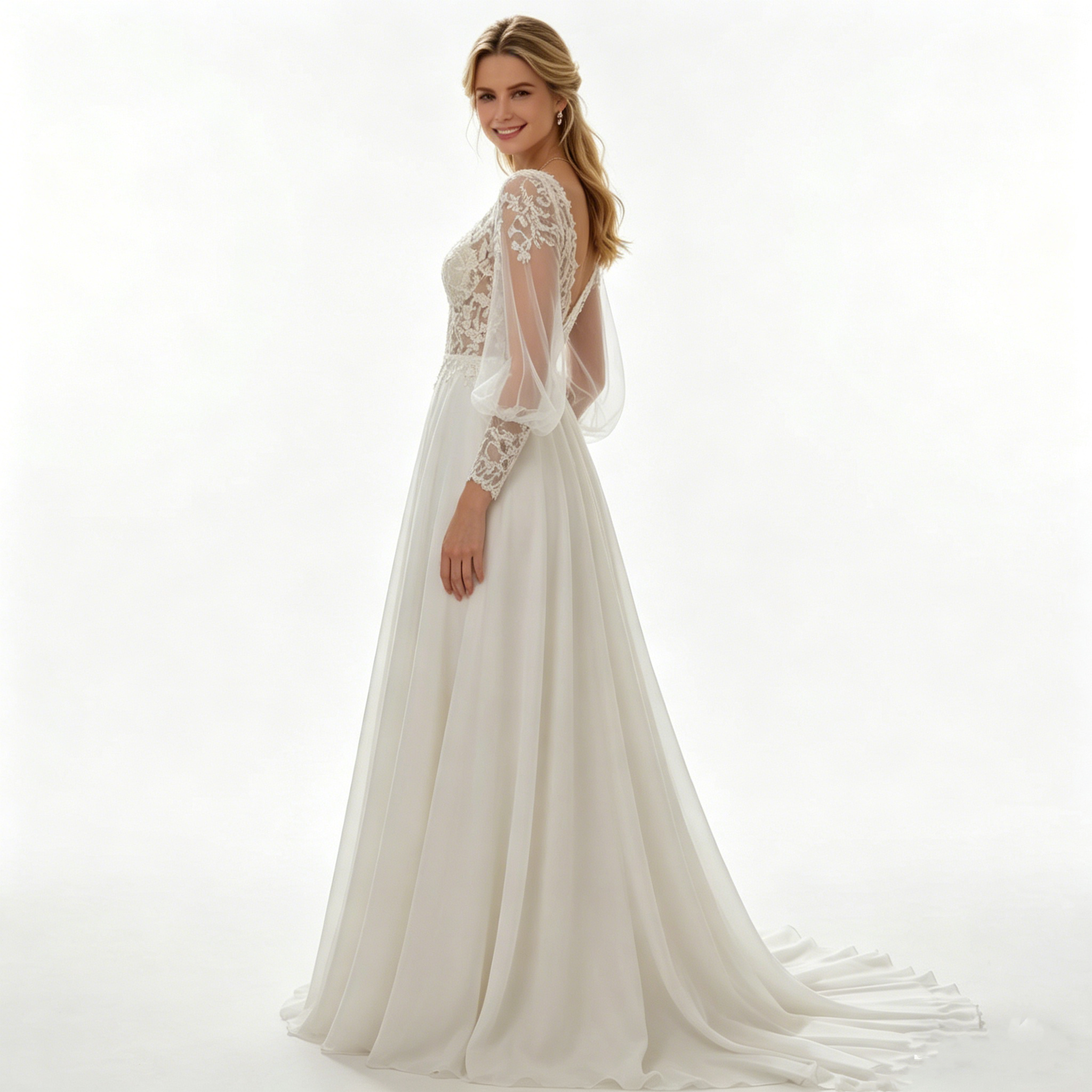 Elegantes weißes Maxikleid mit floraler Spitze und langen Puffärmeln, exklusives Abendkleid mit V-Ausschnitt und Schleppe