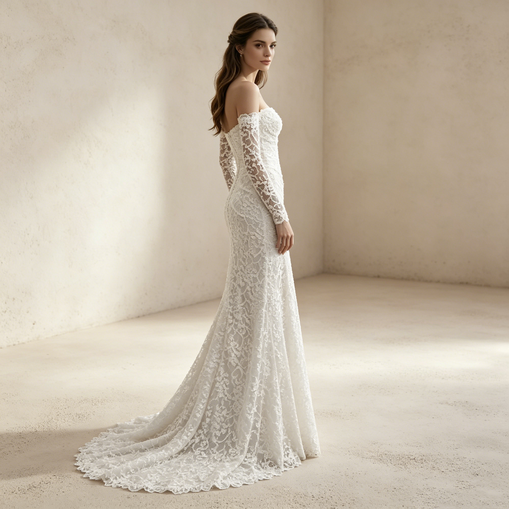 Elegantes Off-Shoulder Abendkleid mit langen Spitzenärmeln und Raffung | Maßanfertigung