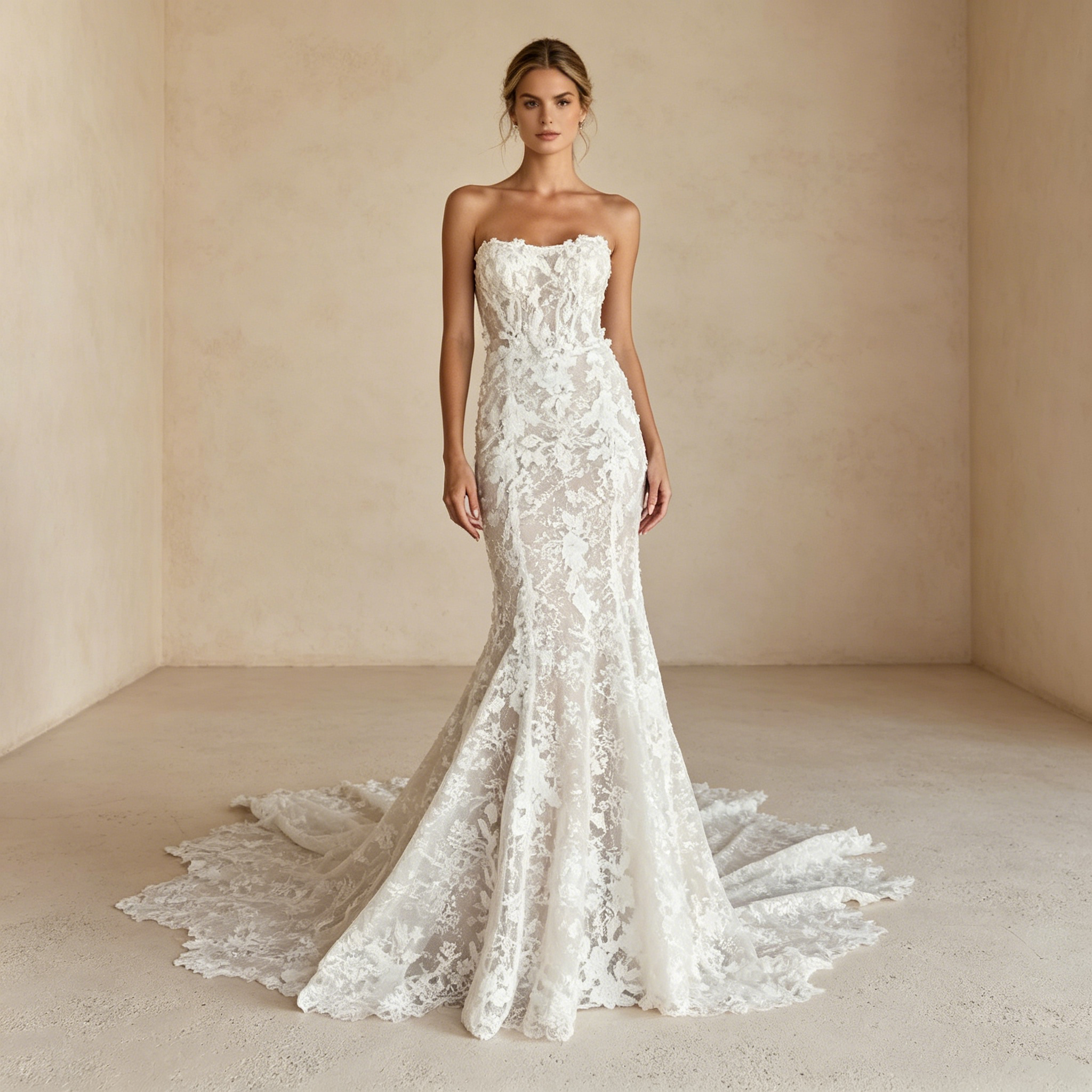 Luxuriöses Spitzen-Maxikleid in Elfenbein – Elegantes Abendkleid mit Schleppe & Meerjungfrau-Schnitt