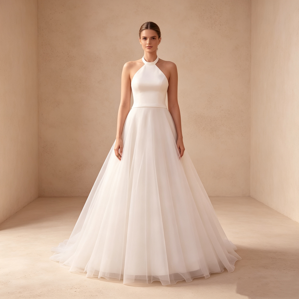Weisses Neckholder Kleid mit ausladendem Tüllrock, figurbetontes Satin-Oberteil, langes Abendkleid für festliche Anlässe