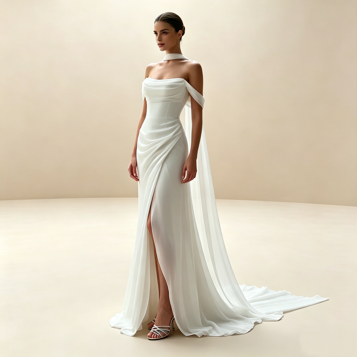 Elegantes Off‑Schulter Langkleid mit Schal‑Detail Schlitz figurbetontes Abendkleid für Damen