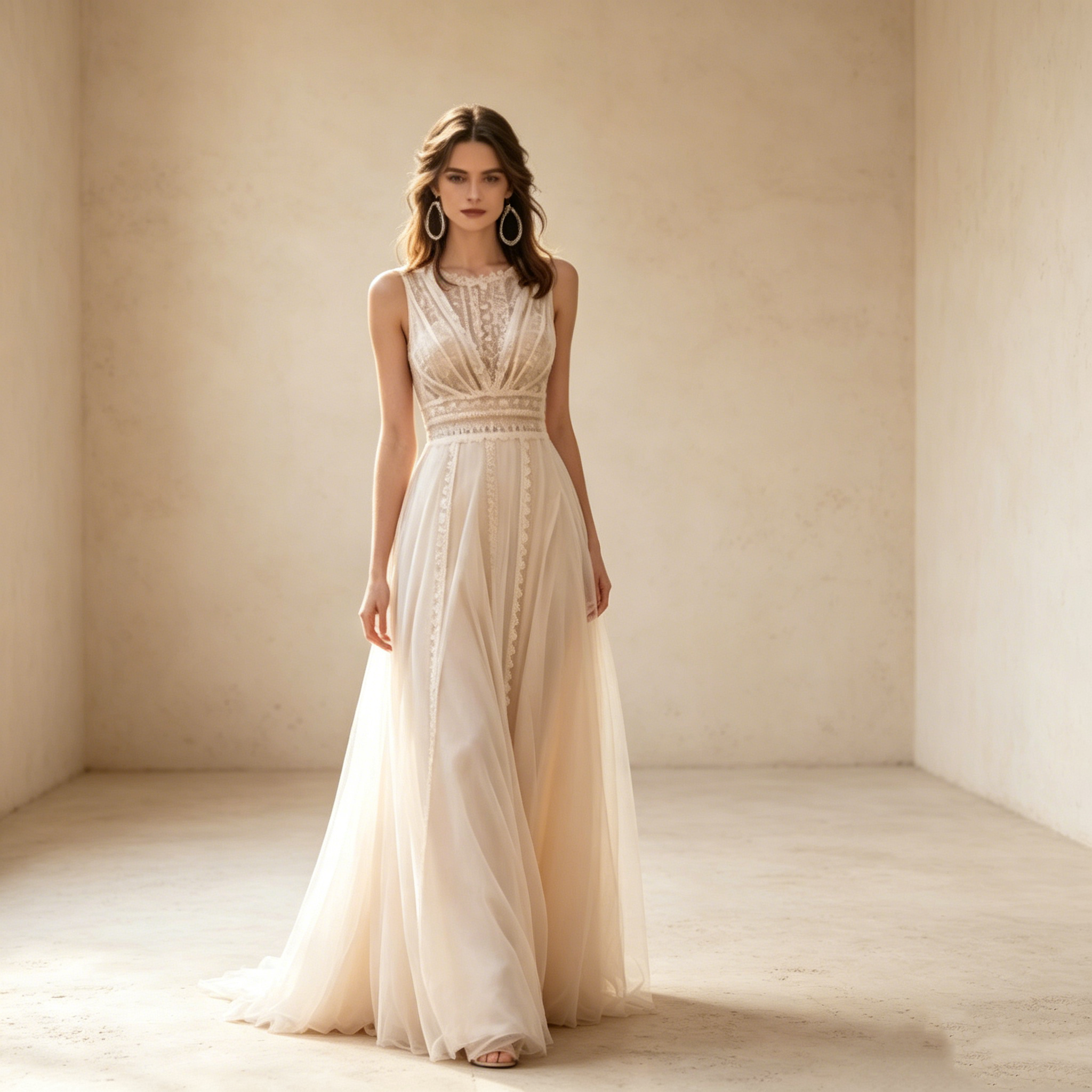 Romantischer Boho-Traum: Fließendes Maxikleid in Elfenbein mit edler Spitze und klassischem Rundhals