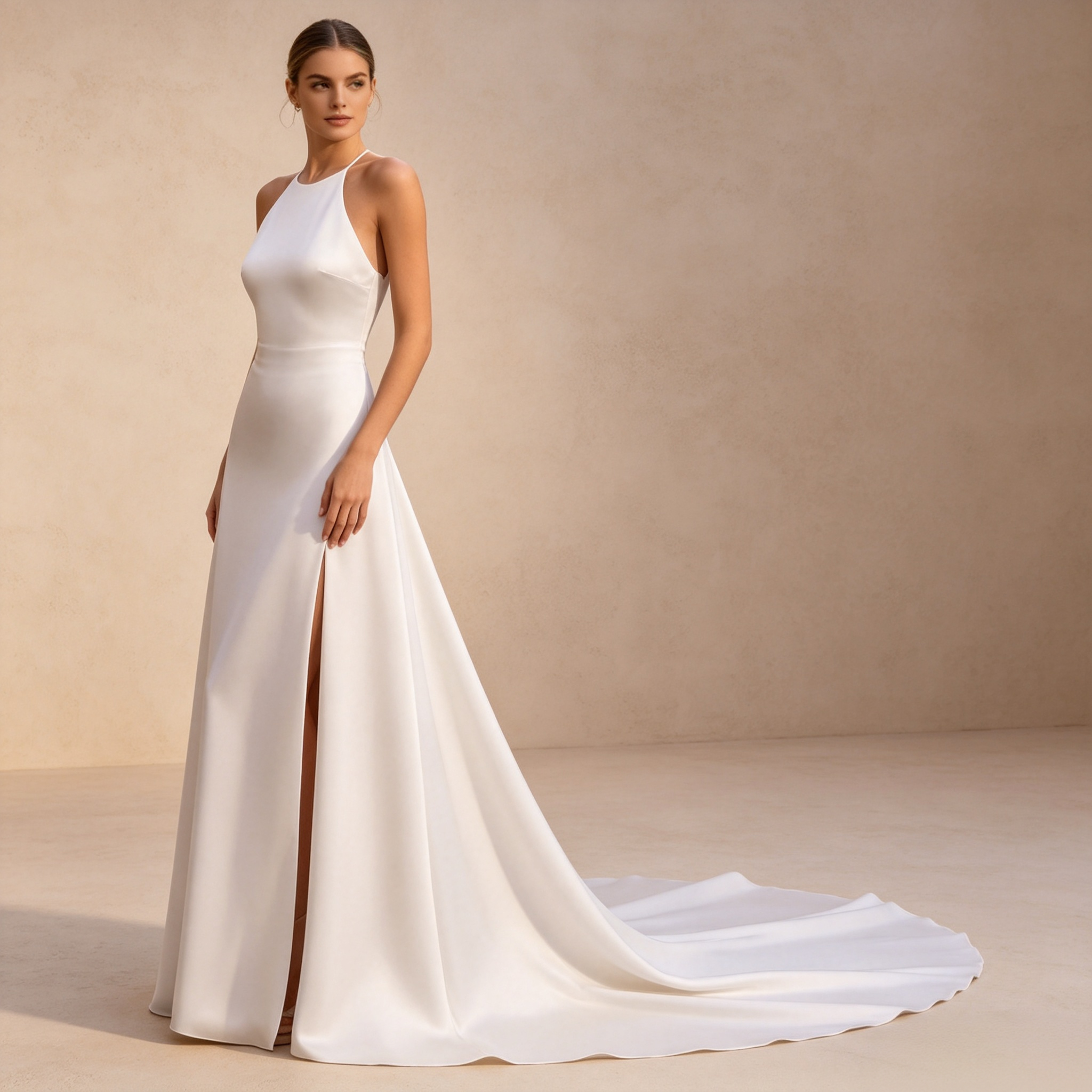 Bodenlanges Abendkleid aus Satin in Elfenbein mit Neckholder, hohem Beinschlitz und Schleppe
