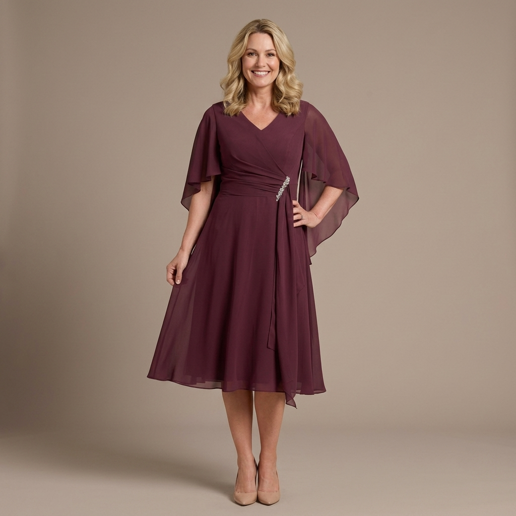 Elegantes figurfreundliches Midi‑Festkleid für Damen mit V‑Ausschnitt, Cape‑Ärmeln und dekorativem Steinbesatz für formelle Anlässe und Feierlichkeiten