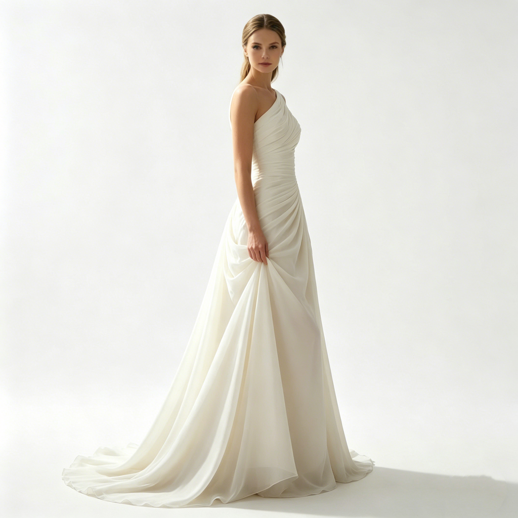 Moderne Couture in Reinweiß: Figurbetontes Meerjungfrau-Kleid mit Karree-Ausschnitt und eleganter Pinsel-Schleppe