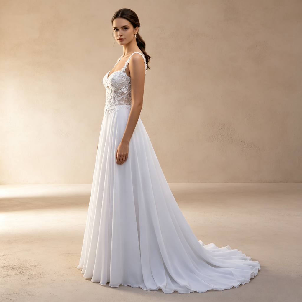 Elegantes weißes A-Linie-Kleid mit floraler Spitze und Trägern - Luftiger Chiffon-Rock