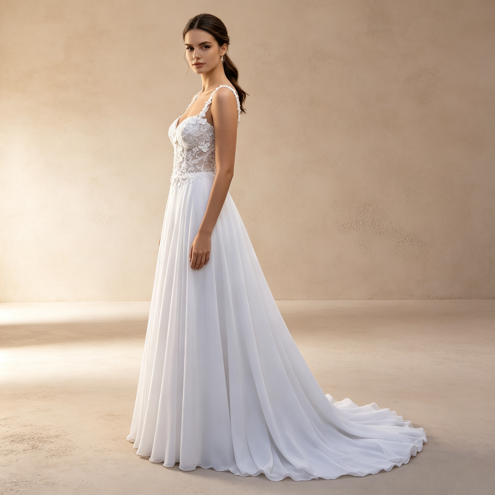 Elegantes weißes A-Linie-Kleid mit floraler Spitze und Trägern - Luftiger Chiffon-Rock
