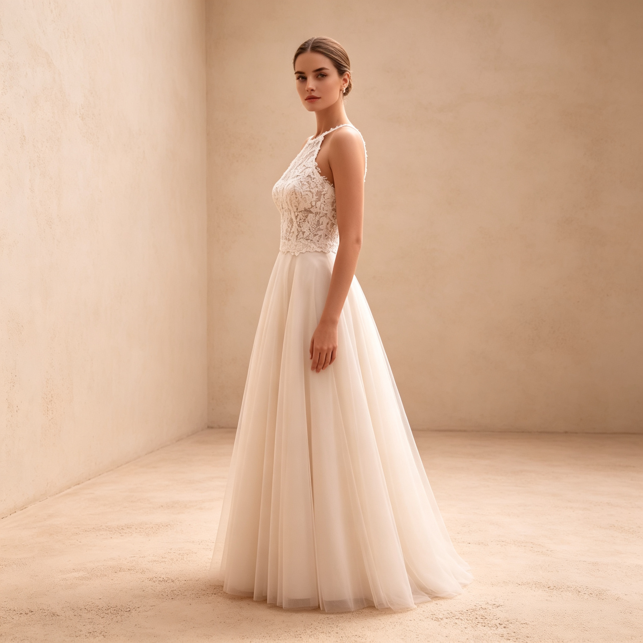 Bodenlanges Abendkleid in Elfenbein mit Spitzenoberteil, Neckholder und Tüllrock in A-Linie