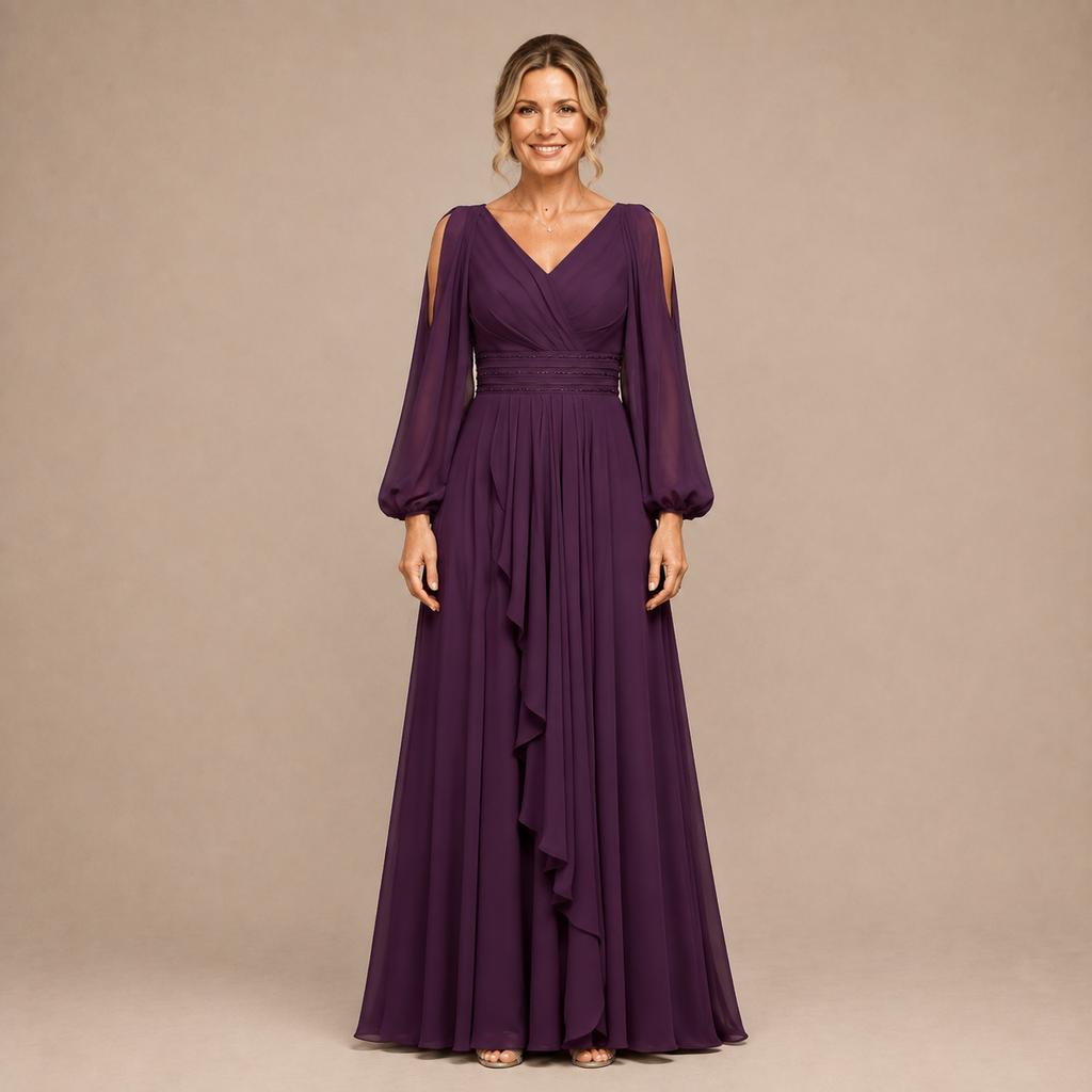 Elegantes langes Abendkleid mit V-Ausschnitt, langen Cut-out Ärmeln und verziertem Taillenbund
