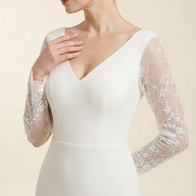 Festliches Maxikleid mit langärmeligen Spitzenärmeln, V‑Ausschnitt und mermaid‑förmigem Schnitt
