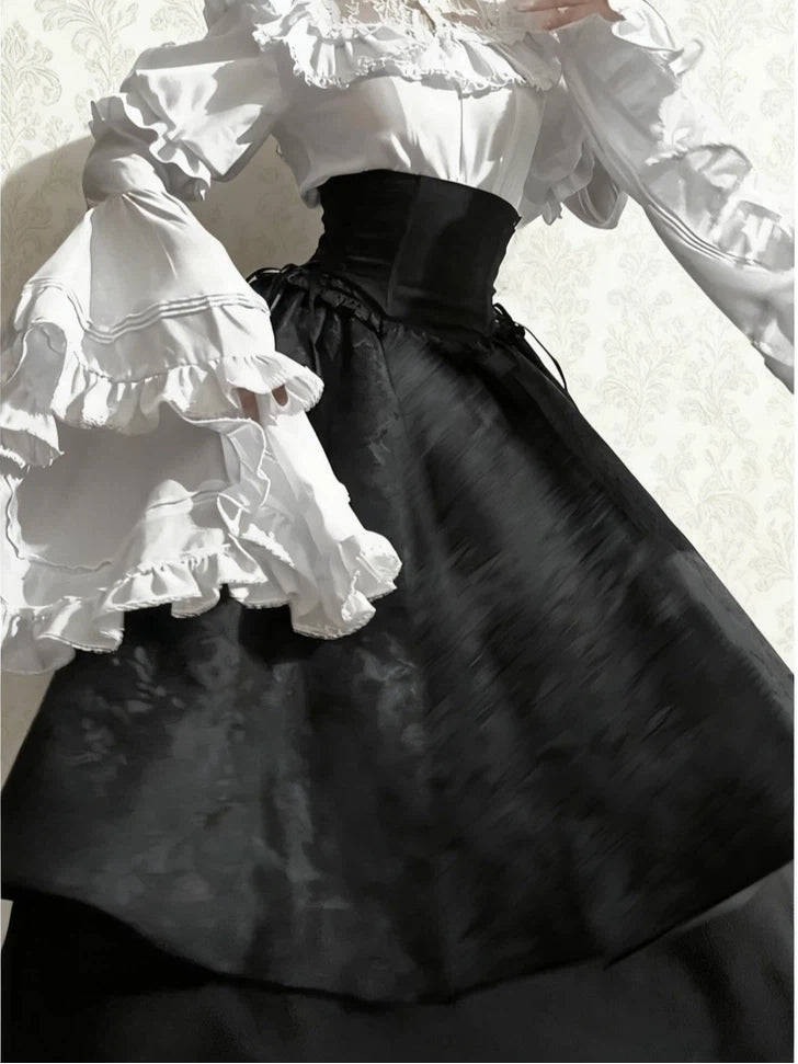 Gothic Lolita Langes Abiballkleid Schwarz Weiß Set Halloween Kostüm Spitze Bedruckt 34-44