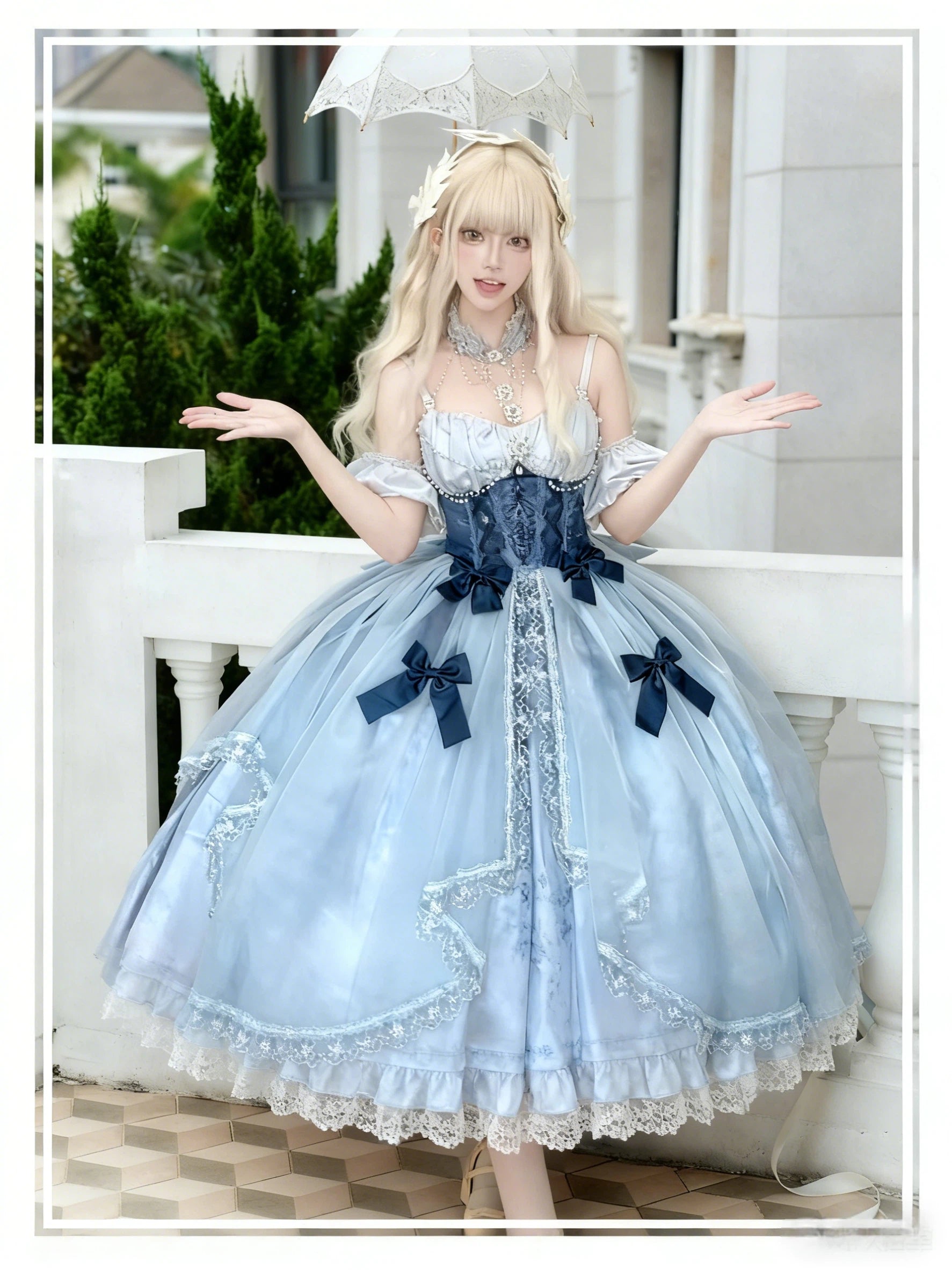 Hime Lolita Blaues Langes Ballkleid Hochzeitskleid Im Prinzessinnen Stil Für Teepartys Mit Spitzenbesatz 34-42