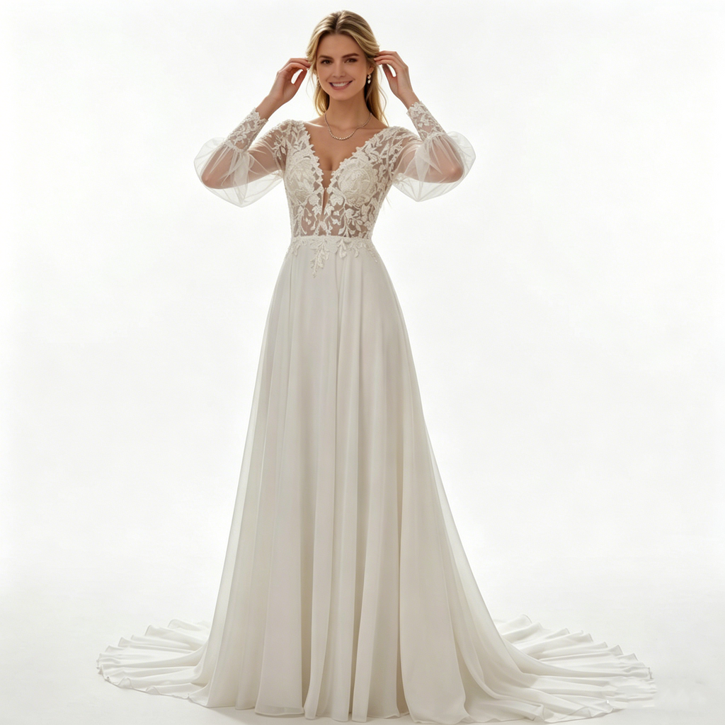 Elegantes weißes Maxikleid mit floraler Spitze und langen Puffärmeln, exklusives Abendkleid mit V-Ausschnitt und Schleppe