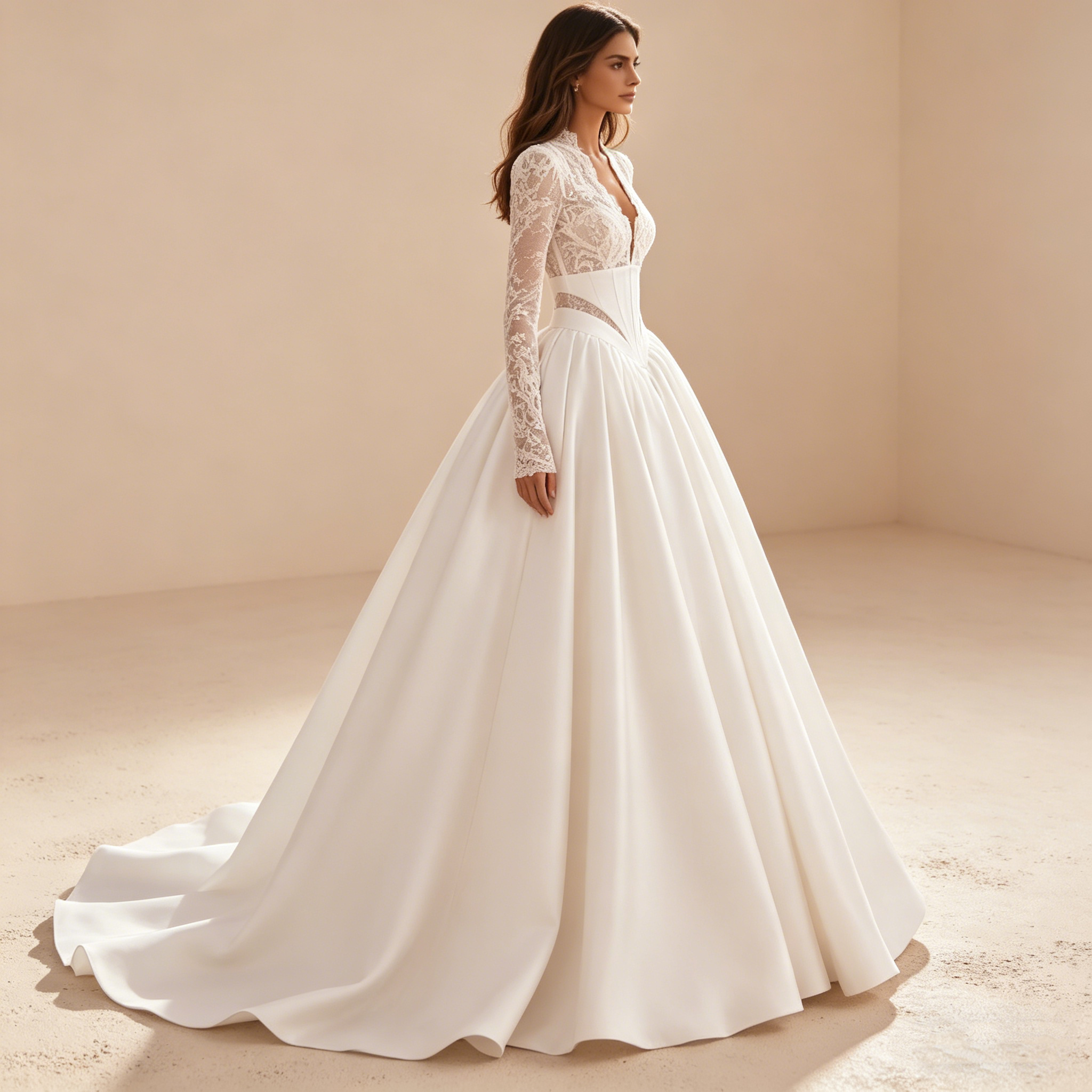 Elegantes Abendkleid mit Spitzenärmeln und Satinglockenrock, Luxuriöse Galarobe in Elfenbein, Figurbetontes Korsett-Maxikleid