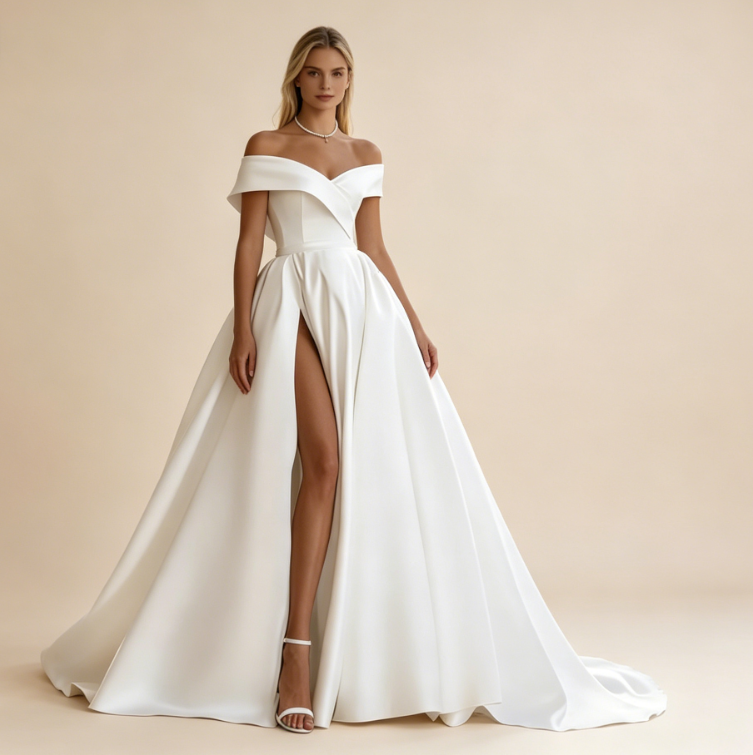 Exklusives weißes Satin-Maxikleid schulterfrei, elegantes bodenlanges Abendkleid in A-Linie mit Schleppe