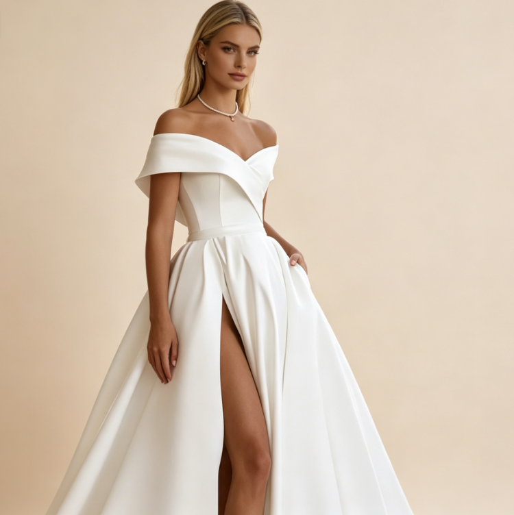 Exklusives weißes Satin-Maxikleid schulterfrei, elegantes bodenlanges Abendkleid in A-Linie mit Schleppe