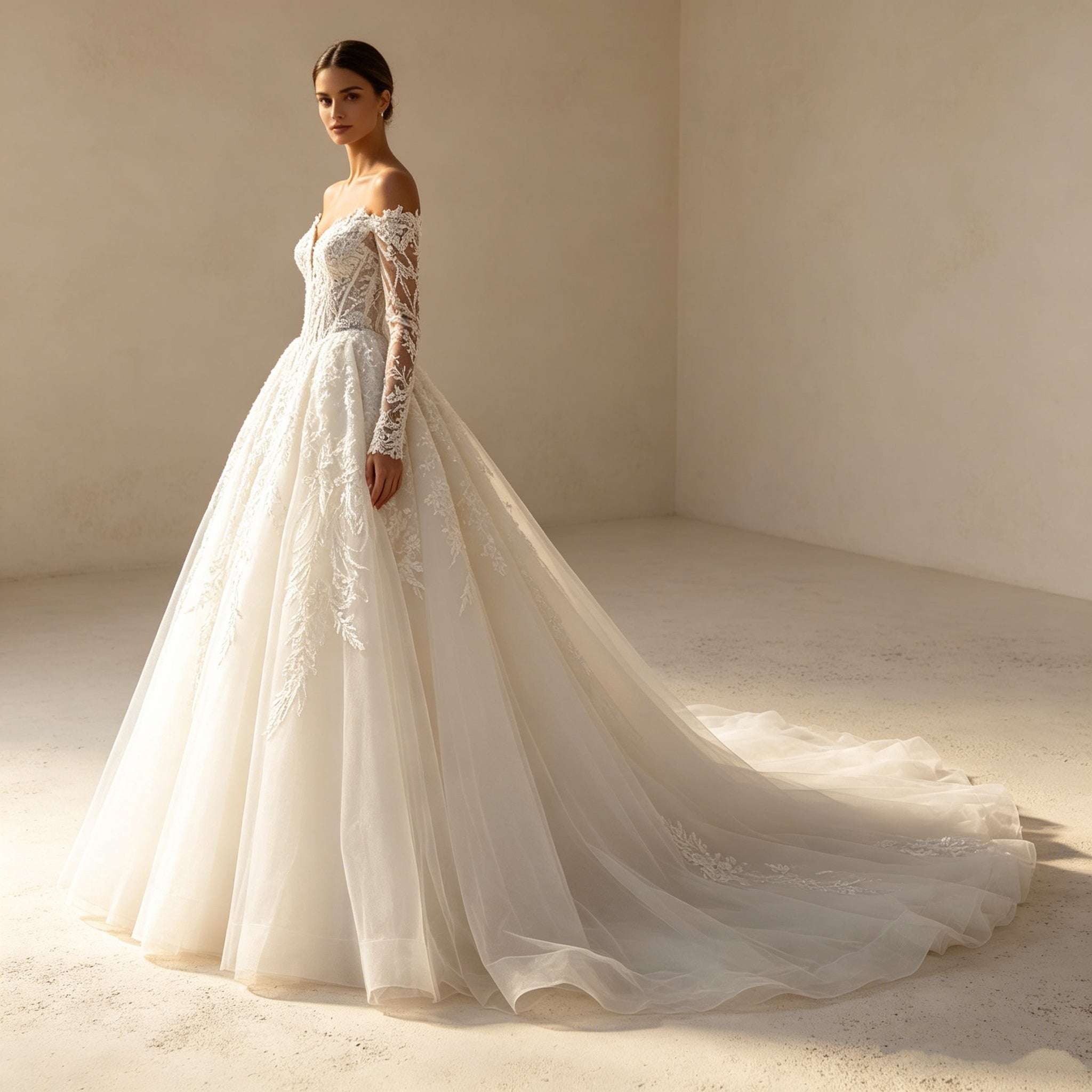 Exklusives Off-Shoulder Abendkleid mit Langarm-Spitze – Prachtvolles Ballkleid mit Barock-Stickerei und voluminösem Tüllrock