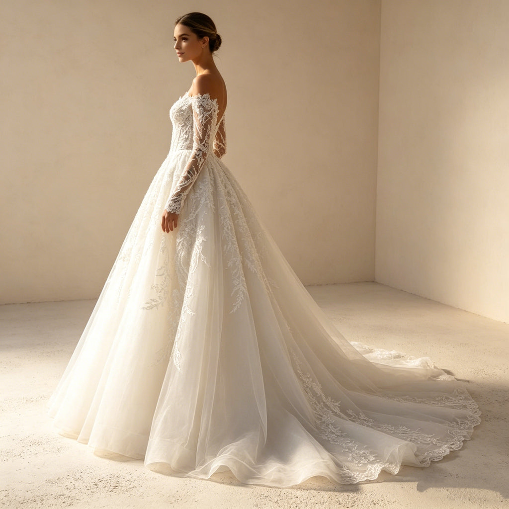 Exklusives Off-Shoulder Abendkleid mit Langarm-Spitze – Prachtvolles Ballkleid mit Barock-Stickerei und voluminösem Tüllrock
