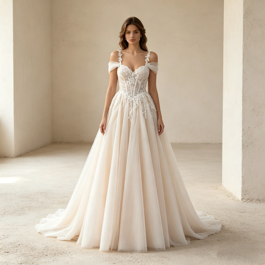 Elegantes A-Linien Abendkleid mit Off-Shoulder-Details – Bodenlanges Maxikleid mit Spitzenkorsage und fließendem Tüllrock