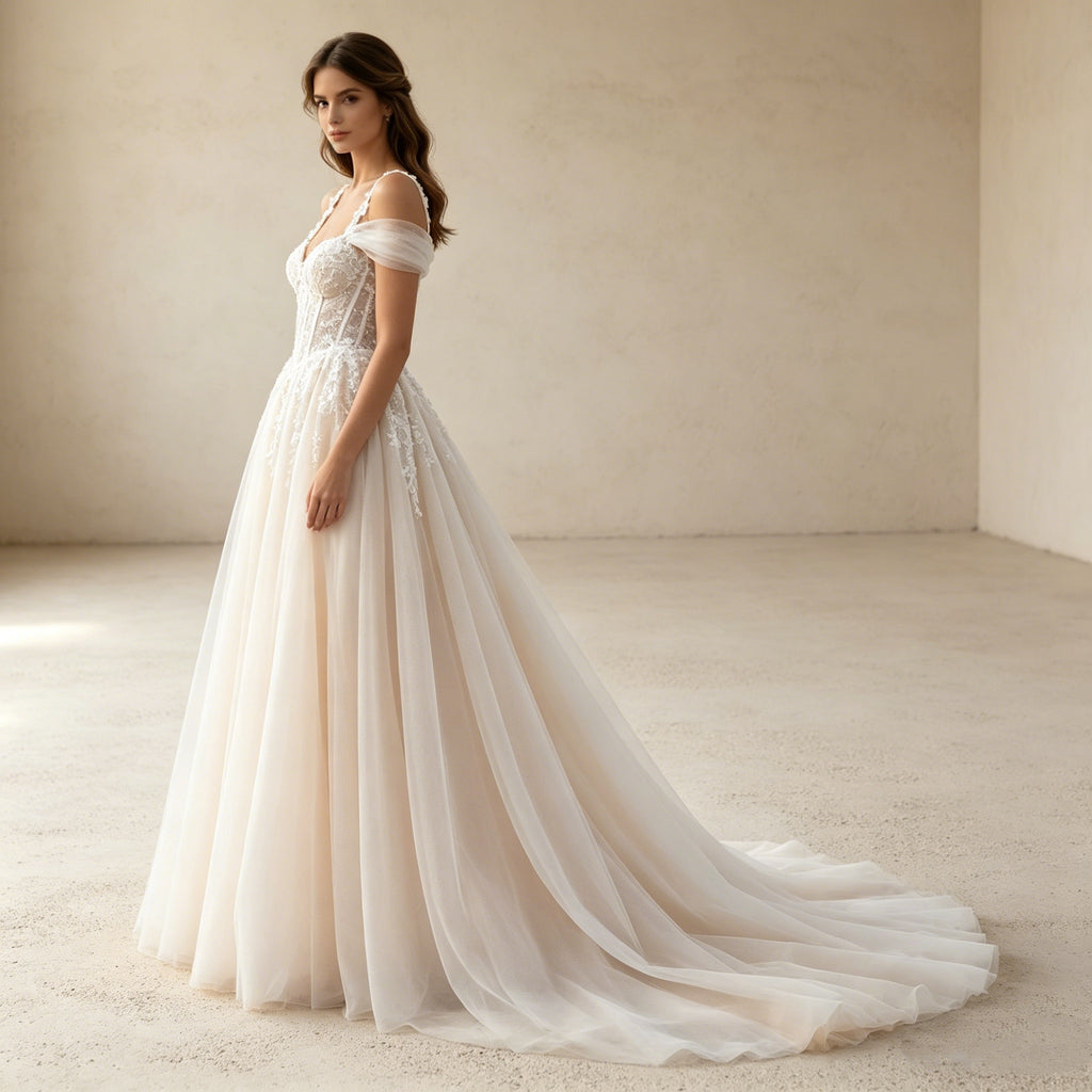 Elegantes A-Linien Abendkleid mit Off-Shoulder-Details – Bodenlanges Maxikleid mit Spitzenkorsage und fließendem Tüllrock