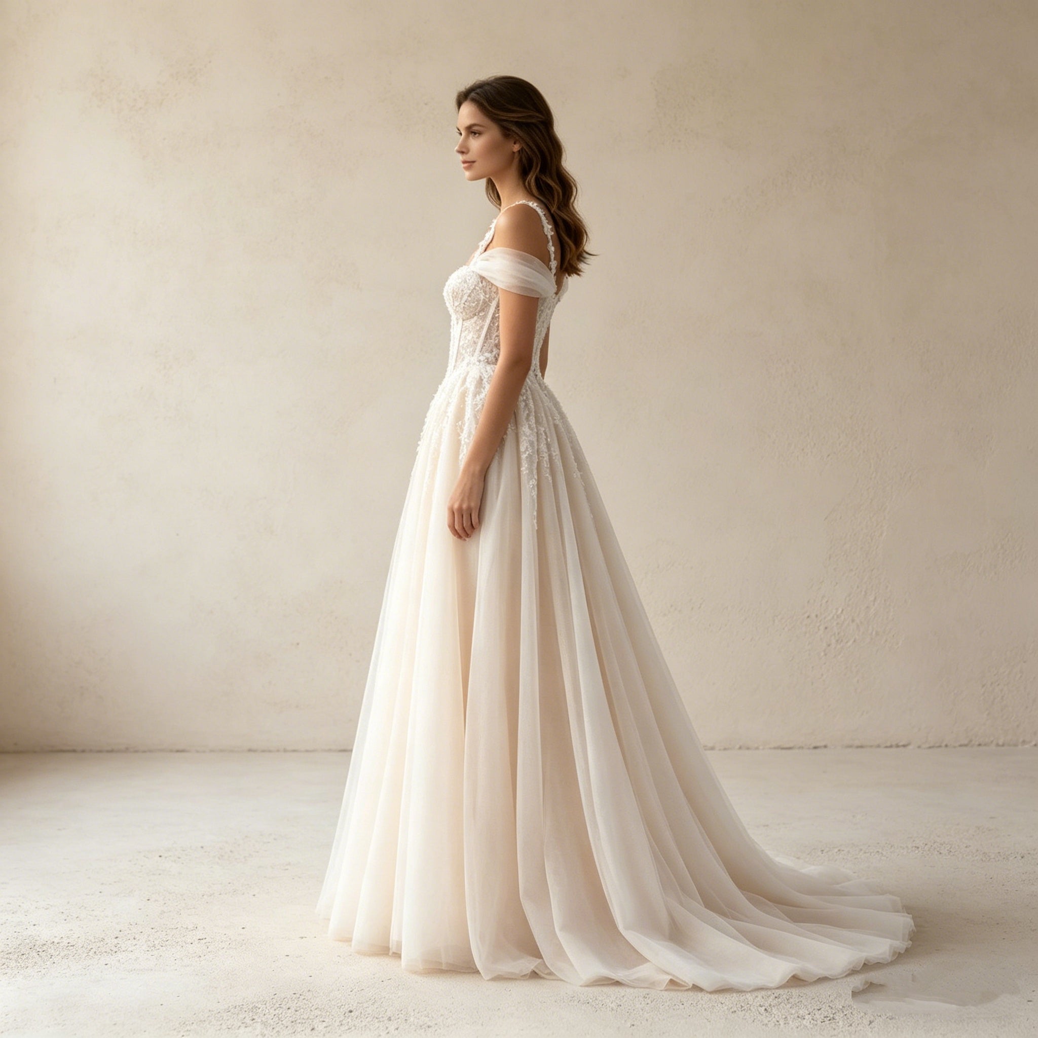 Elegantes A-Linien Abendkleid mit Off-Shoulder-Details – Bodenlanges Maxikleid mit Spitzenkorsage und fließendem Tüllrock