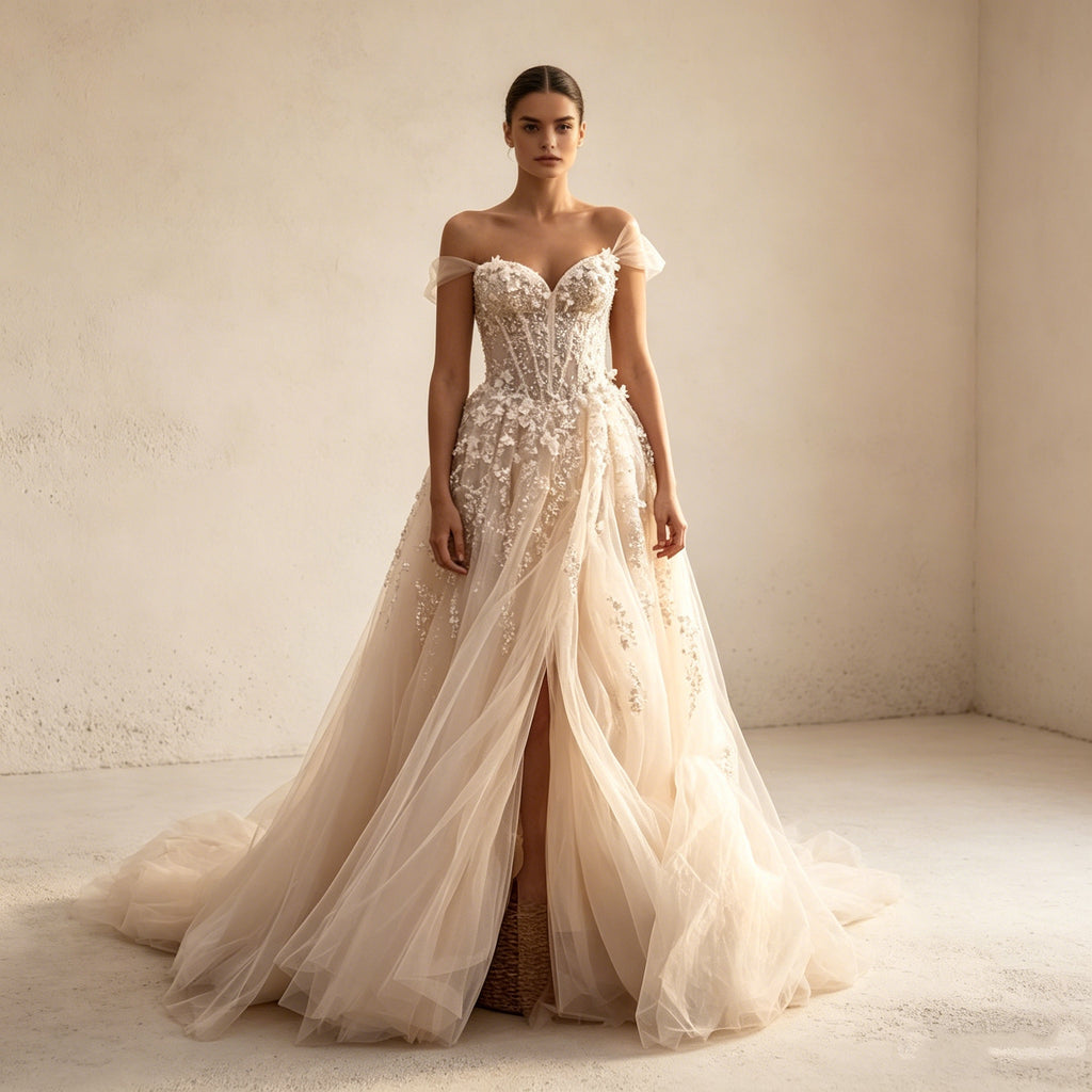 Elegantes Off-Shoulder Abendkleid mit Schlitz – Bodenlanges A-Linien Maxikleid mit 3D-Blumenapplikationen und Tüllrock