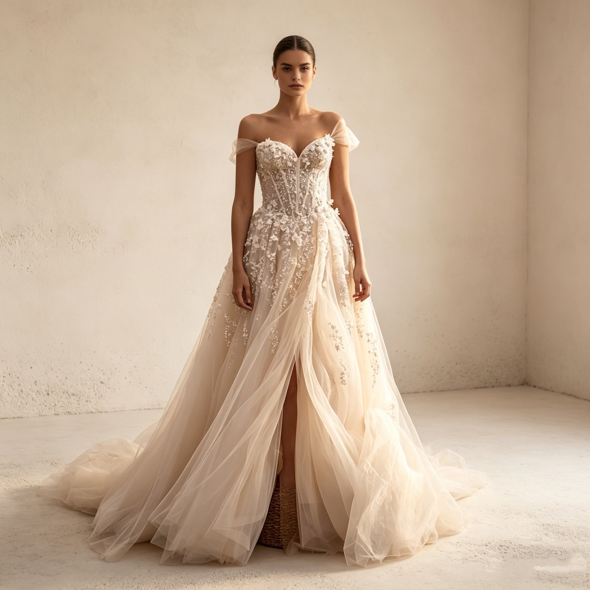 Elegantes Off-Shoulder Abendkleid mit Schlitz – Bodenlanges A-Linien Maxikleid mit 3D-Blumenapplikationen und Tüllrock