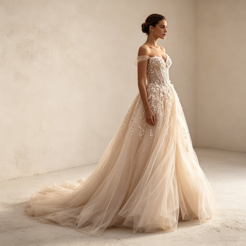 Elegantes Off-Shoulder Abendkleid mit Schlitz – Bodenlanges A-Linien Maxikleid mit 3D-Blumenapplikationen und Tüllrock
