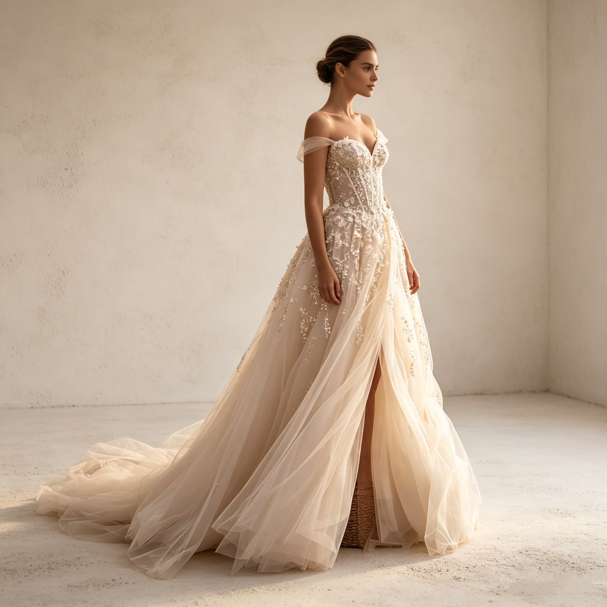 Elegantes Off-Shoulder Abendkleid mit Schlitz – Bodenlanges A-Linien Maxikleid mit 3D-Blumenapplikationen und Tüllrock