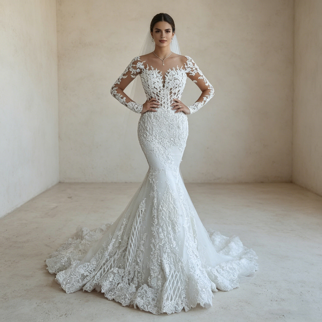 Exklusives Meerjungfrau-Abendkleid mit Langarm-Spitze – Bodenlanges Maxikleid mit Illusions-Ausschnitt und Barock-Stickerei