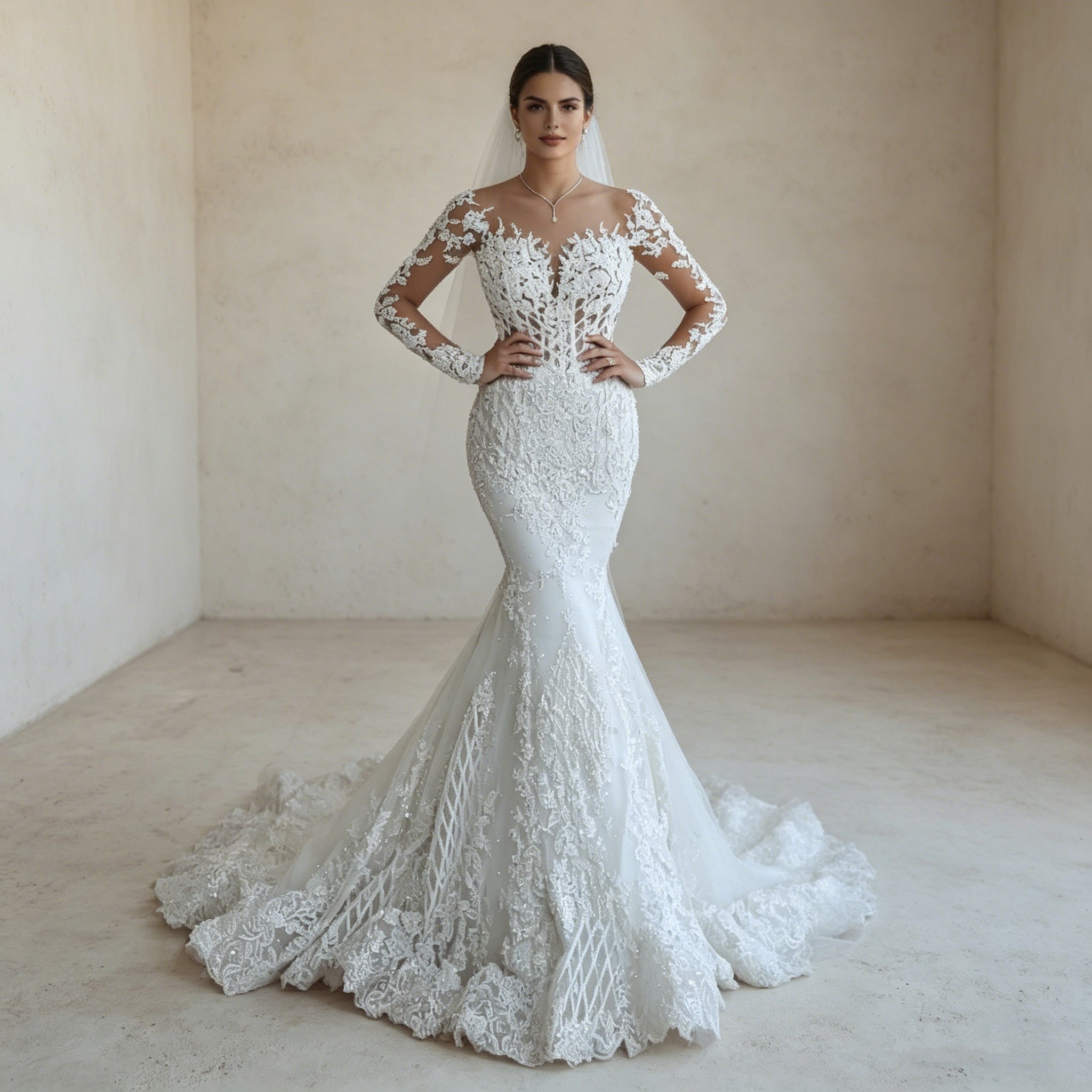 Exklusives Meerjungfrau-Abendkleid mit Langarm-Spitze – Bodenlanges Maxikleid mit Illusions-Ausschnitt und Barock-Stickerei