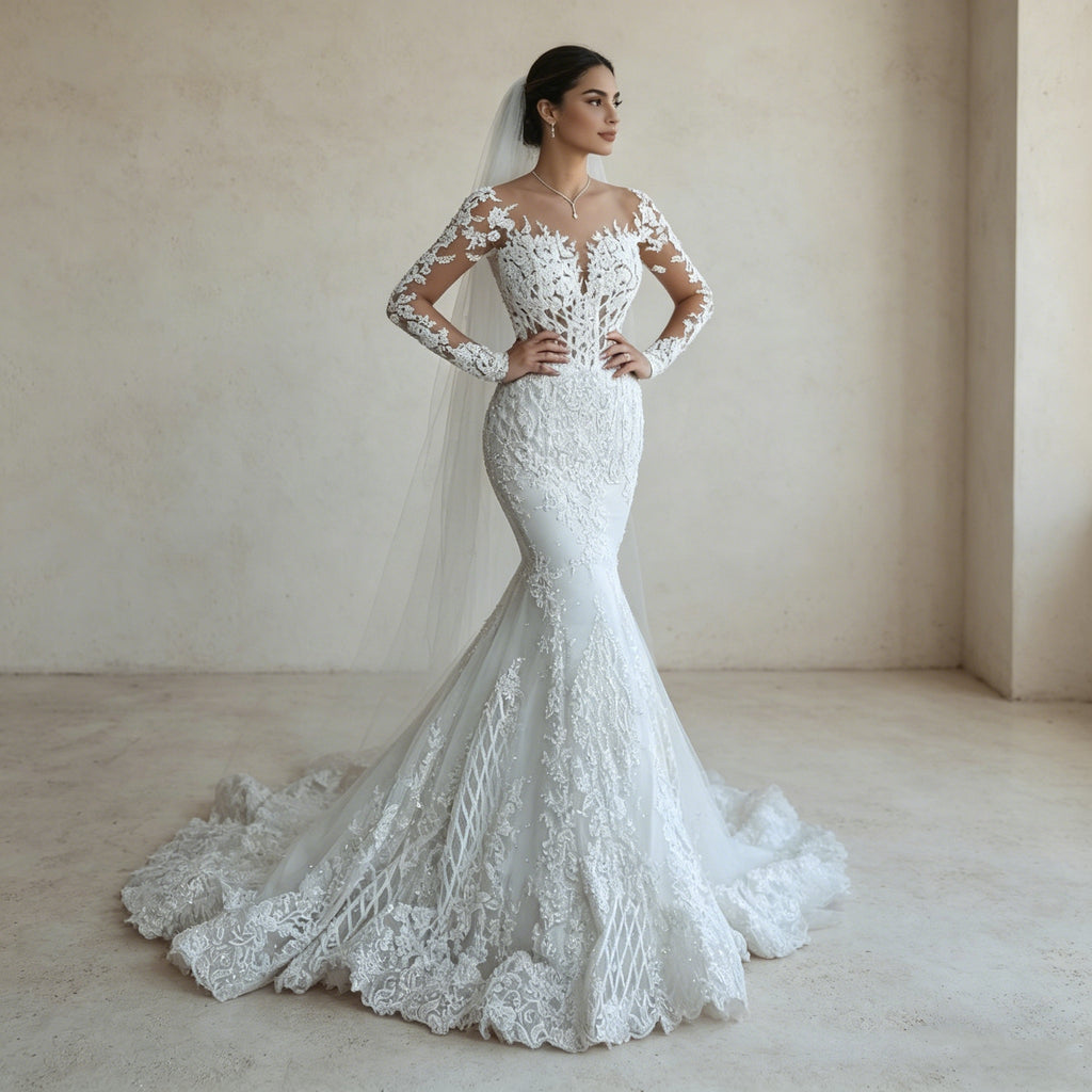 Exklusives Meerjungfrau-Abendkleid mit Langarm-Spitze – Bodenlanges Maxikleid mit Illusions-Ausschnitt und Barock-Stickerei