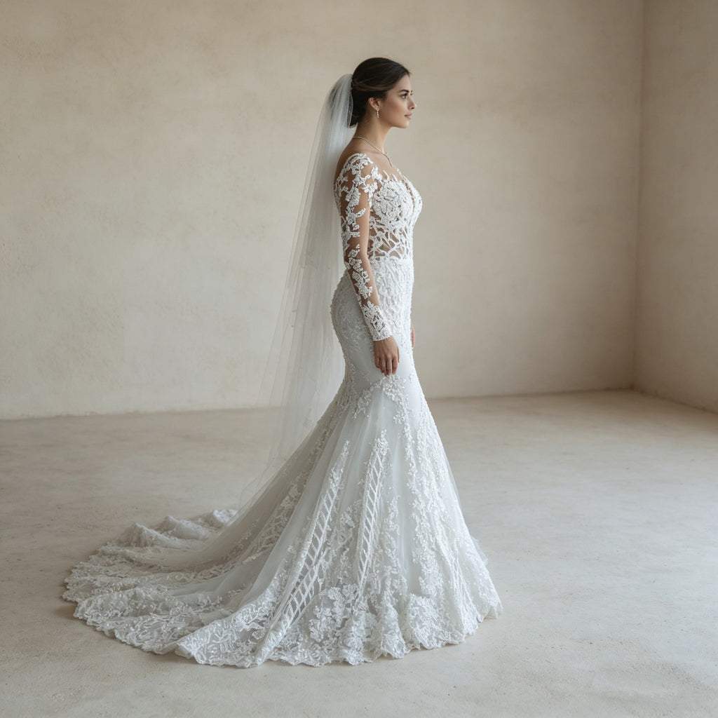 Exklusives Meerjungfrau-Abendkleid mit Langarm-Spitze – Bodenlanges Maxikleid mit Illusions-Ausschnitt und Barock-Stickerei