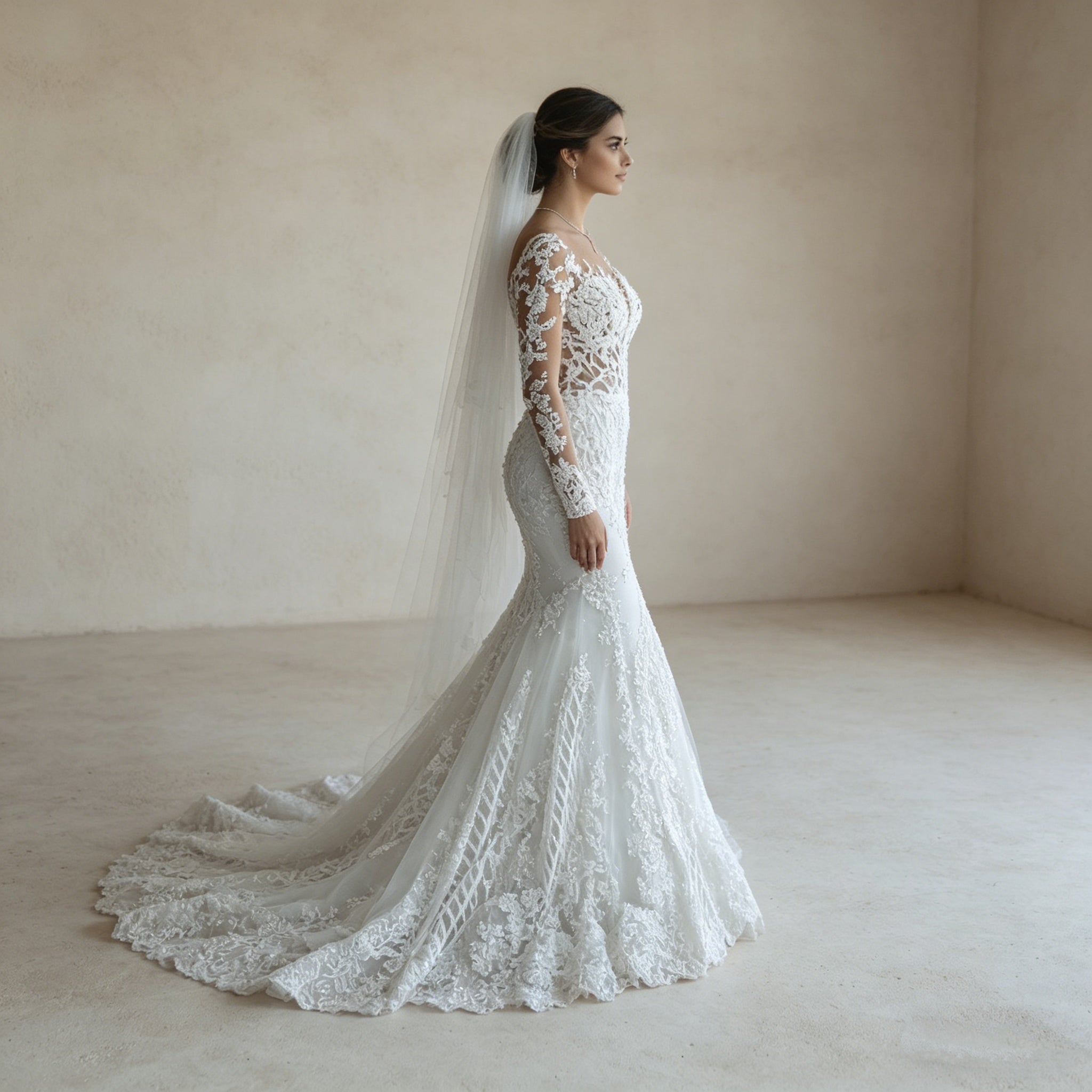 Exklusives Meerjungfrau-Abendkleid mit Langarm-Spitze – Bodenlanges Maxikleid mit Illusions-Ausschnitt und Barock-Stickerei