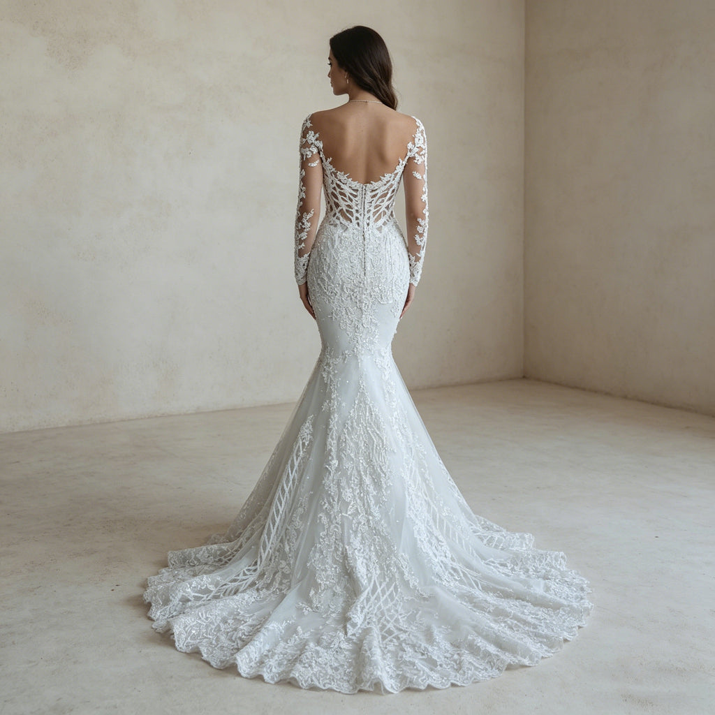 Exklusives Meerjungfrau-Abendkleid mit Langarm-Spitze – Bodenlanges Maxikleid mit Illusions-Ausschnitt und Barock-Stickerei