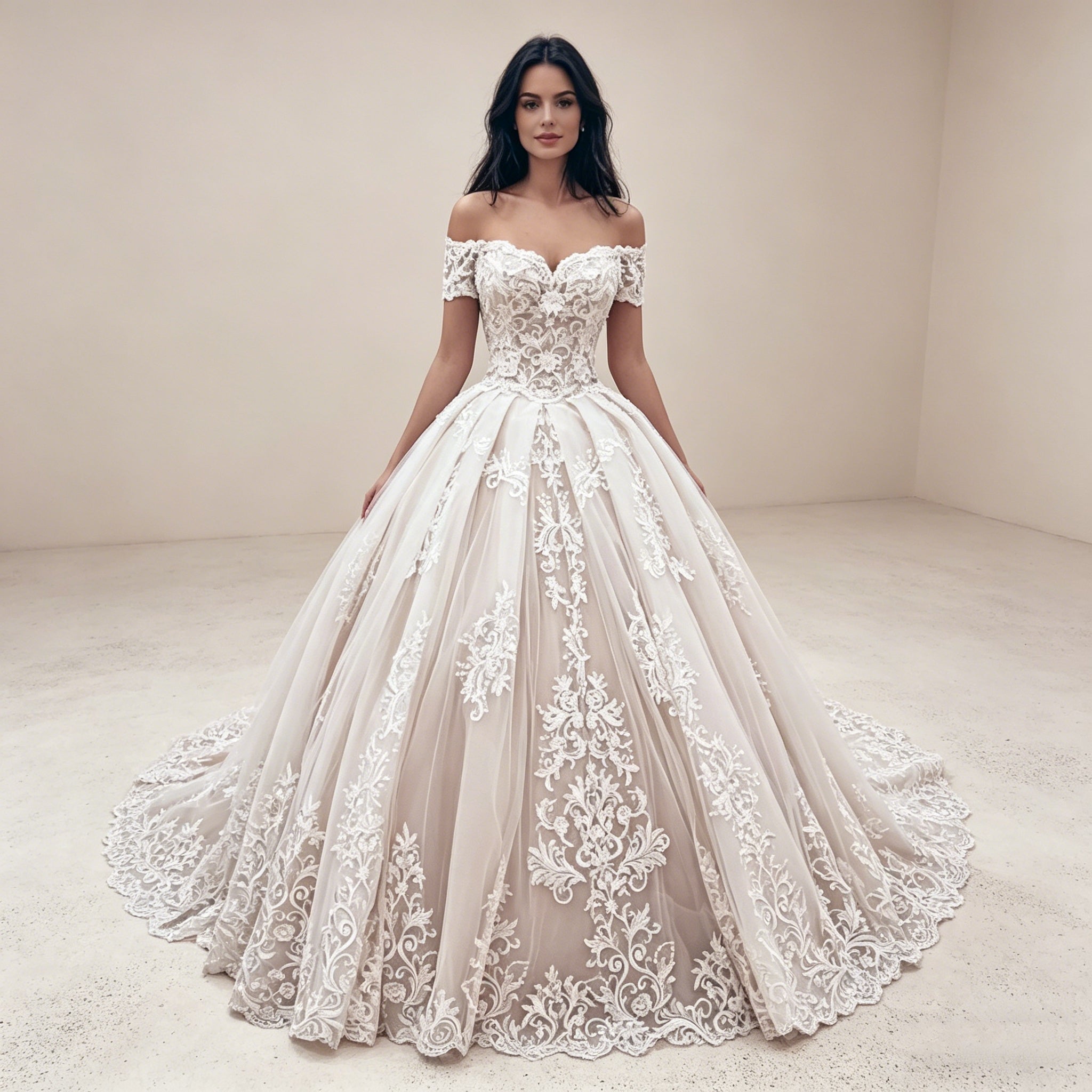 Luxuriöses Off-Shoulder Abendkleid mit Barock-Bestickung – Bodenlanges Ballkleid mit Illusions-Spitze und voluminösem Rock