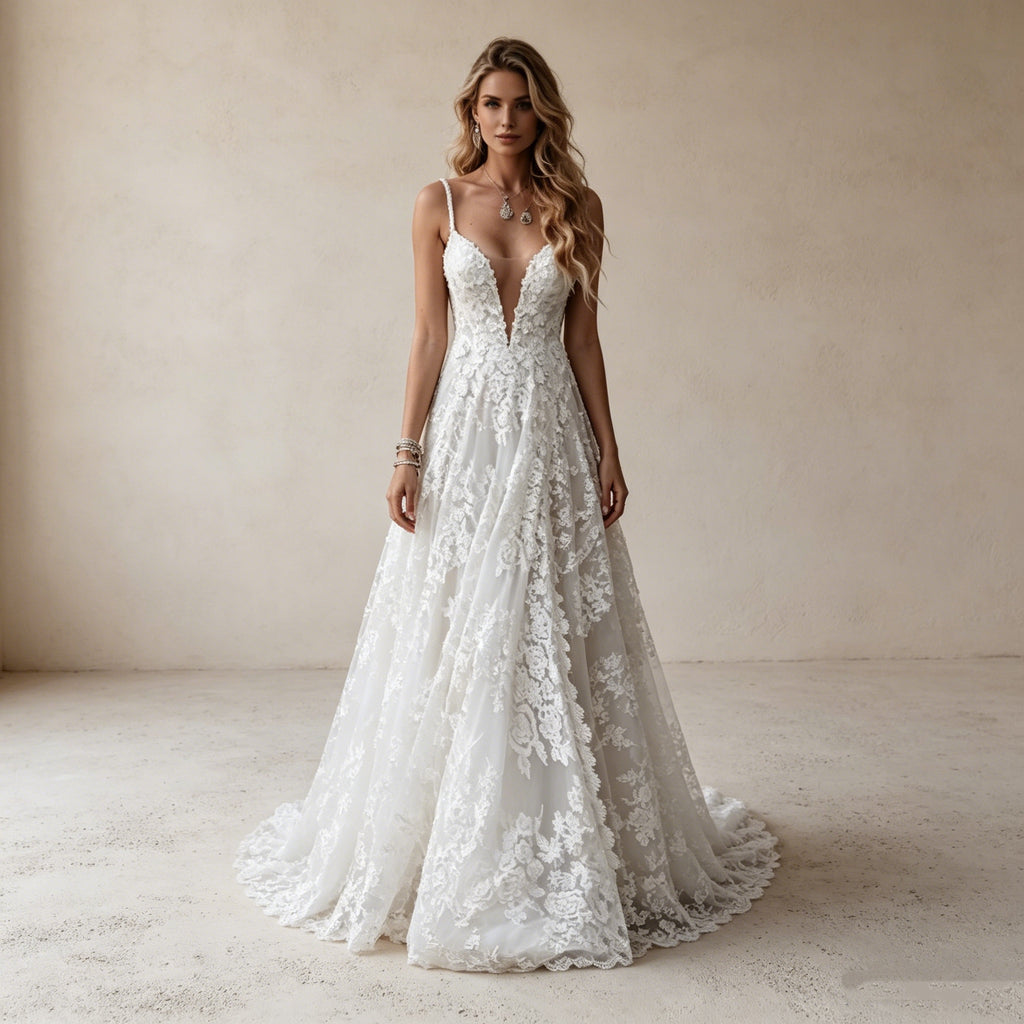 Elegantes A-Linien Abendkleid mit tiefem V-Ausschnitt – Bodenlanges Maxikleid mit floraler Spitze und filigranen Spaghettiträgern