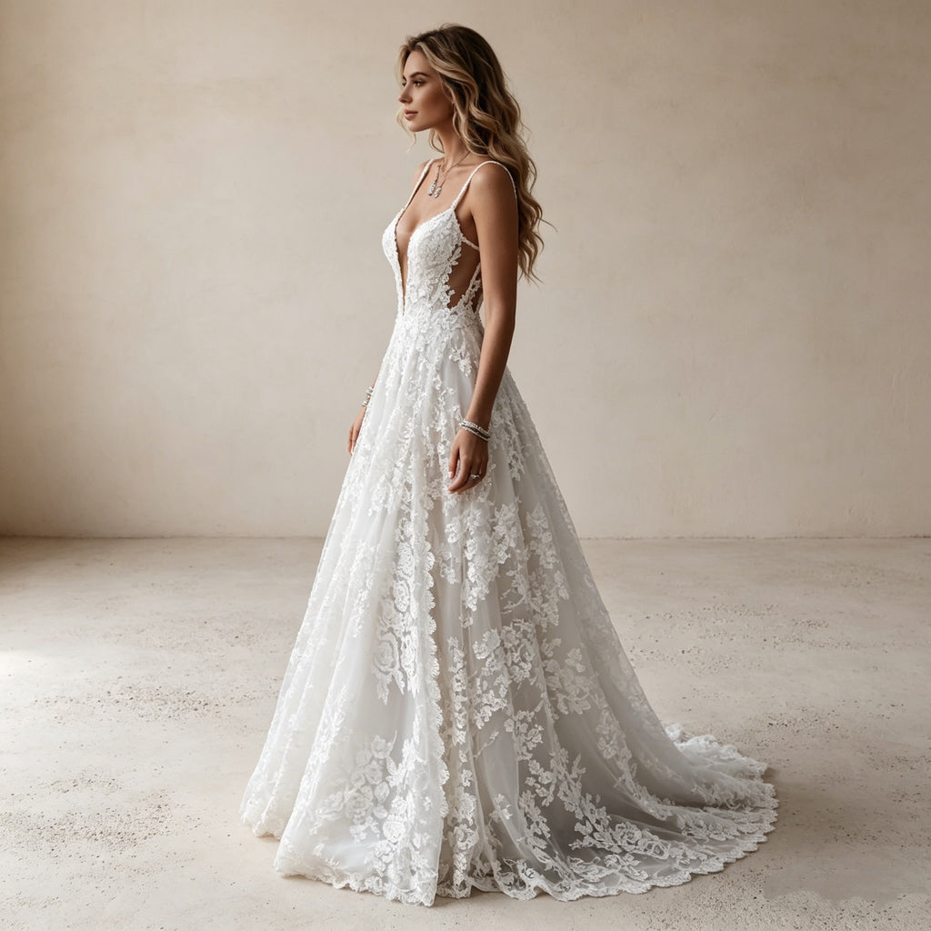 Elegantes A-Linien Abendkleid mit tiefem V-Ausschnitt – Bodenlanges Maxikleid mit floraler Spitze und filigranen Spaghettiträgern