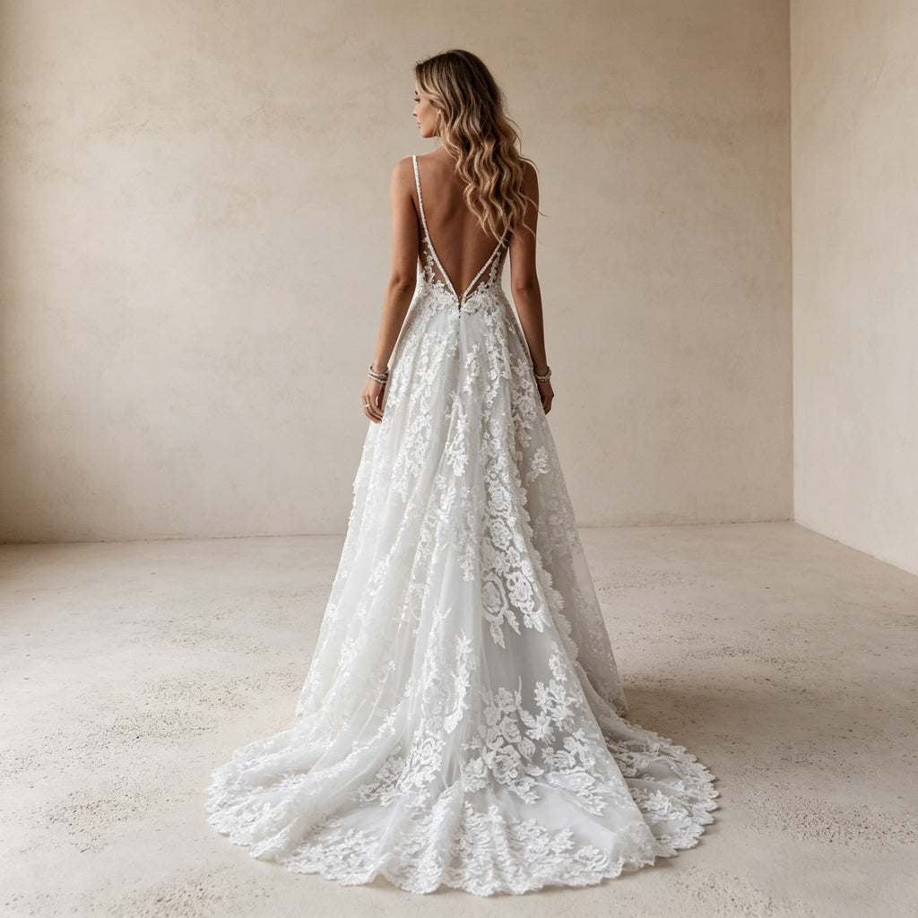 Elegantes A-Linien Abendkleid mit tiefem V-Ausschnitt – Bodenlanges Maxikleid mit floraler Spitze und filigranen Spaghettiträgern