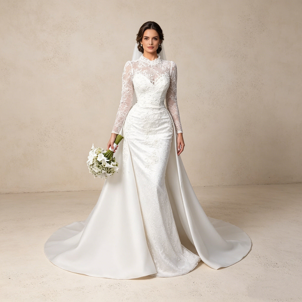 Exklusives Abendkleid mit Langarm-Spitze und Satin-Überrock – Elegante Robe mit Stehkragen und abnehmbarer Schleppe