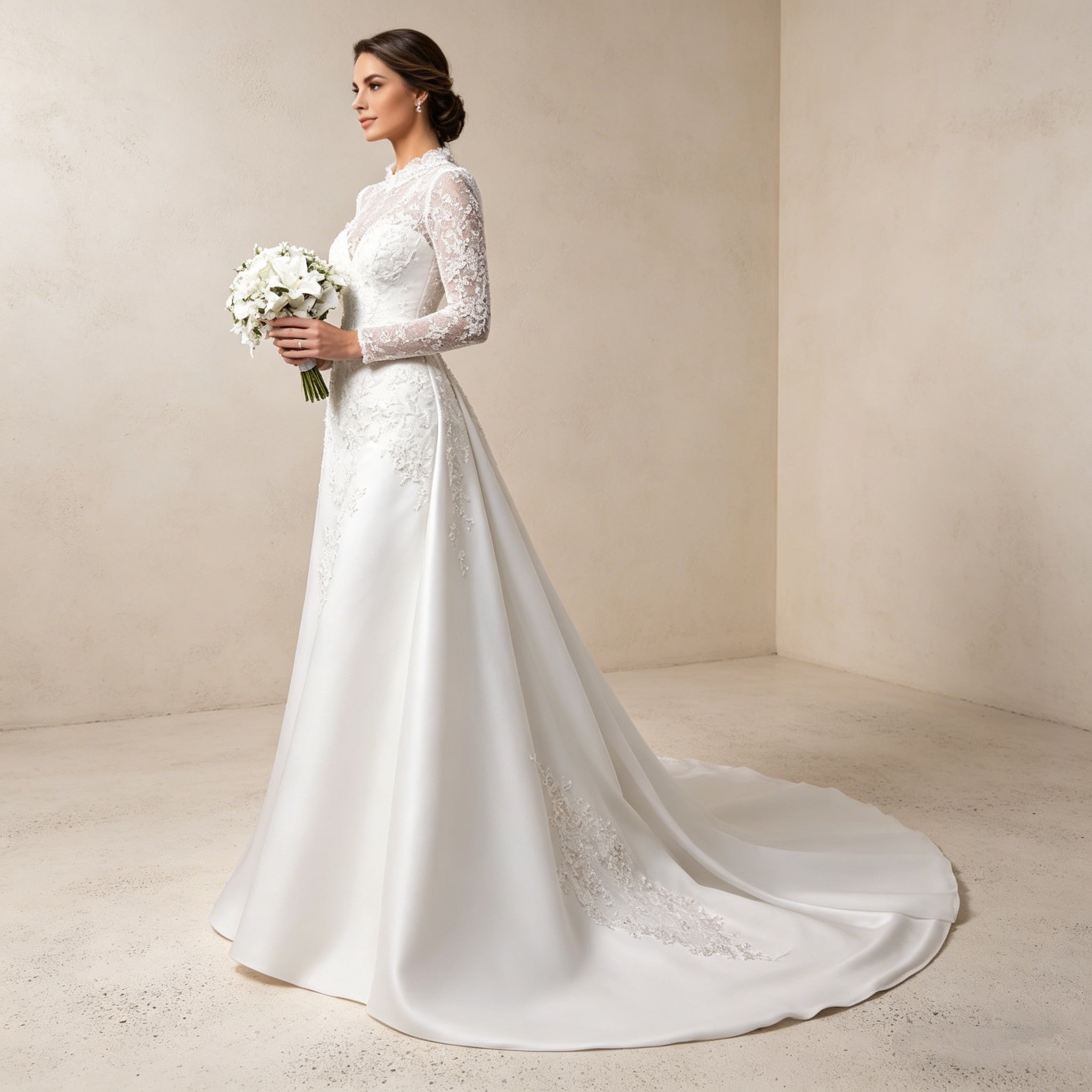 Exklusives Abendkleid mit Langarm-Spitze und Satin-Überrock – Elegante Robe mit Stehkragen und abnehmbarer Schleppe