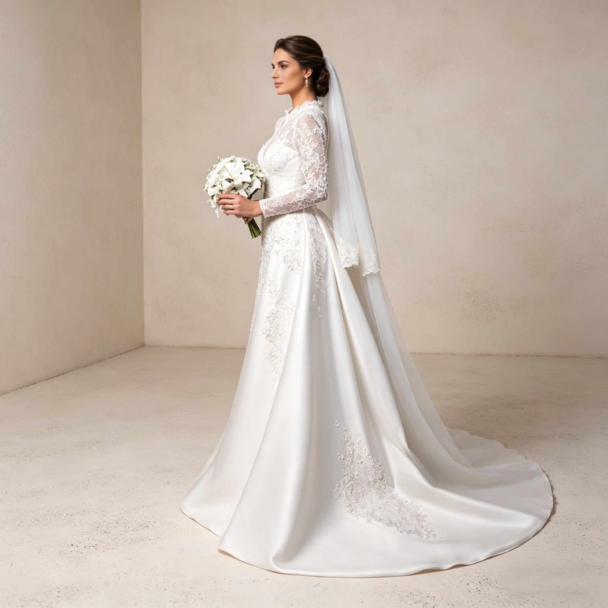Exklusives Abendkleid mit Langarm-Spitze und Satin-Überrock – Elegante Robe mit Stehkragen und abnehmbarer Schleppe