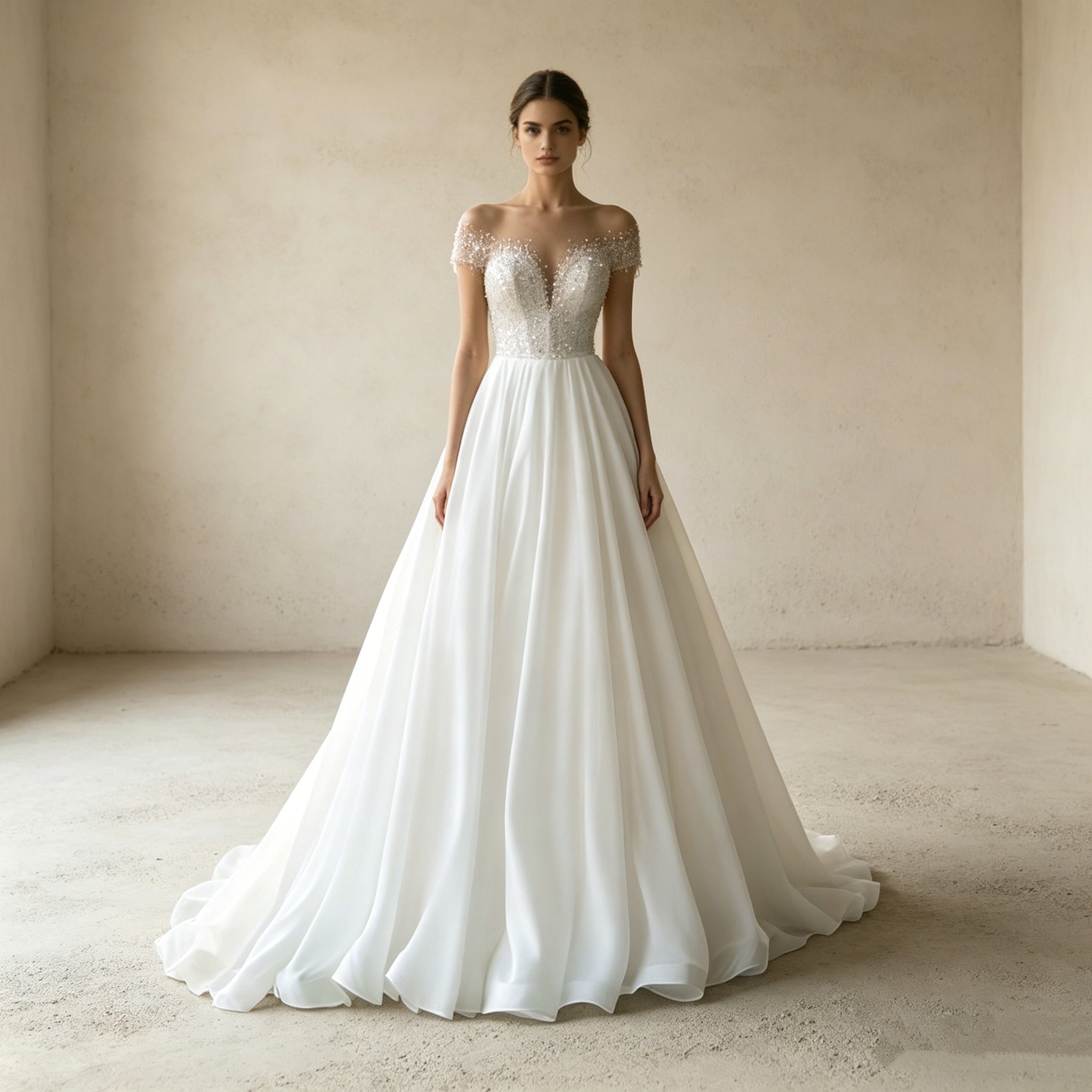 Exklusives Off-Shoulder Abendkleid mit Kristall-Verzierung – Glamouröse A-Linien Robe mit Illusions-Dekolleté und fließendem Rock