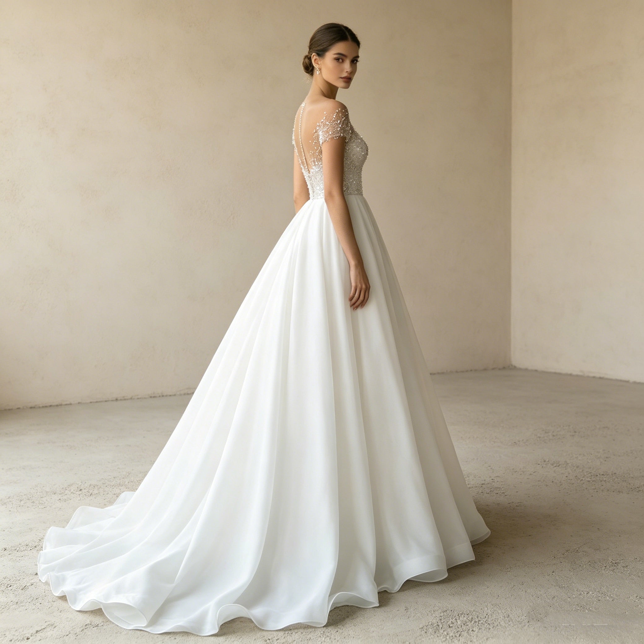 Exklusives Off-Shoulder Abendkleid mit Kristall-Verzierung – Glamouröse A-Linien Robe mit Illusions-Dekolleté und fließendem Rock