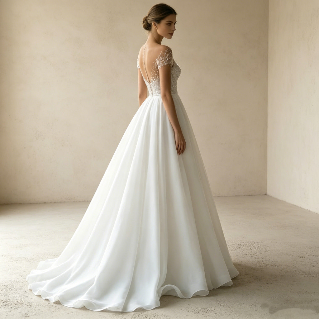 Exklusives Off-Shoulder Abendkleid mit Kristall-Verzierung – Glamouröse A-Linien Robe mit Illusions-Dekolleté und fließendem Rock