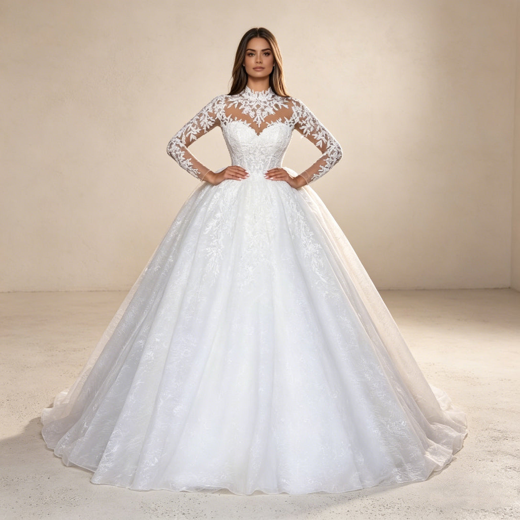 Edles langärmliges Abendkleid mit Stehkragen – Bodenlanges Ballkleid mit filigraner Spitze und voluminösem Rock