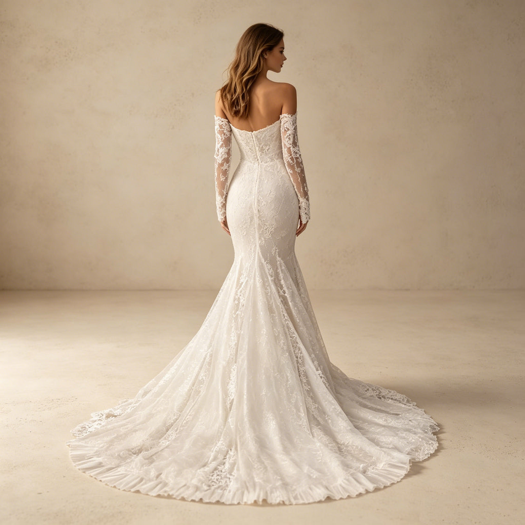 Abendkleid in Weiß aus Spitze mit Off-Shoulder-Ärmeln und Meerjungfrau-Schnitt