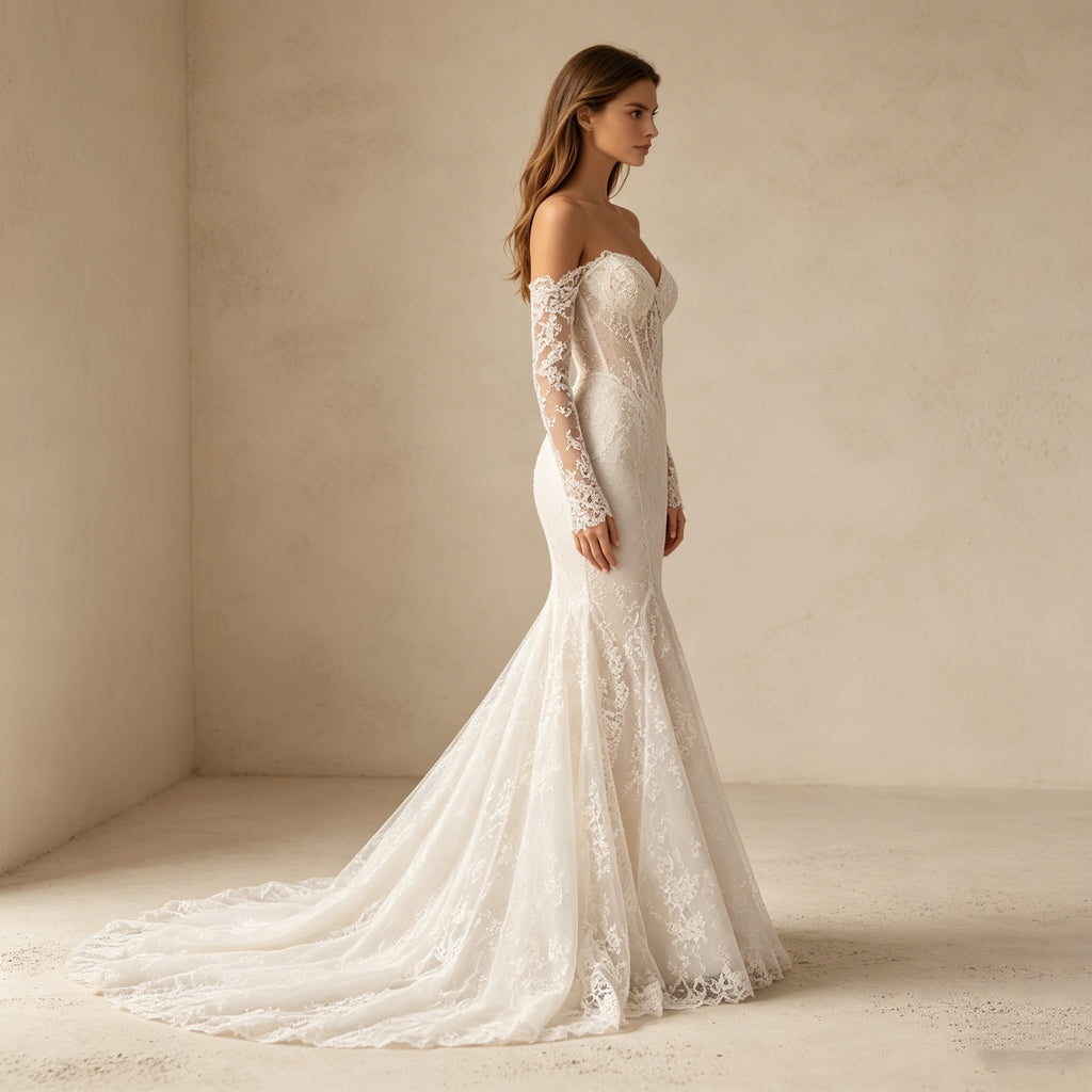 Abendkleid in Weiß aus Spitze mit Off-Shoulder-Ärmeln und Meerjungfrau-Schnitt